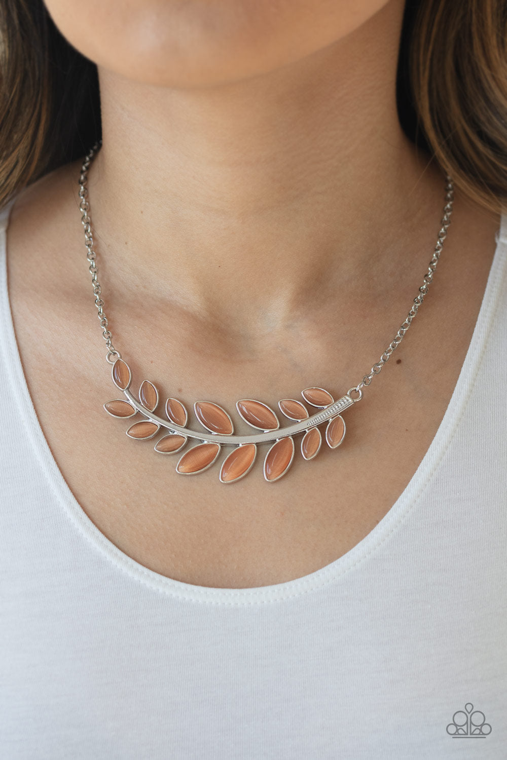 Frosted Foliage - Orange Cats Eye Leaf Necklace - Paparazzi Accessories