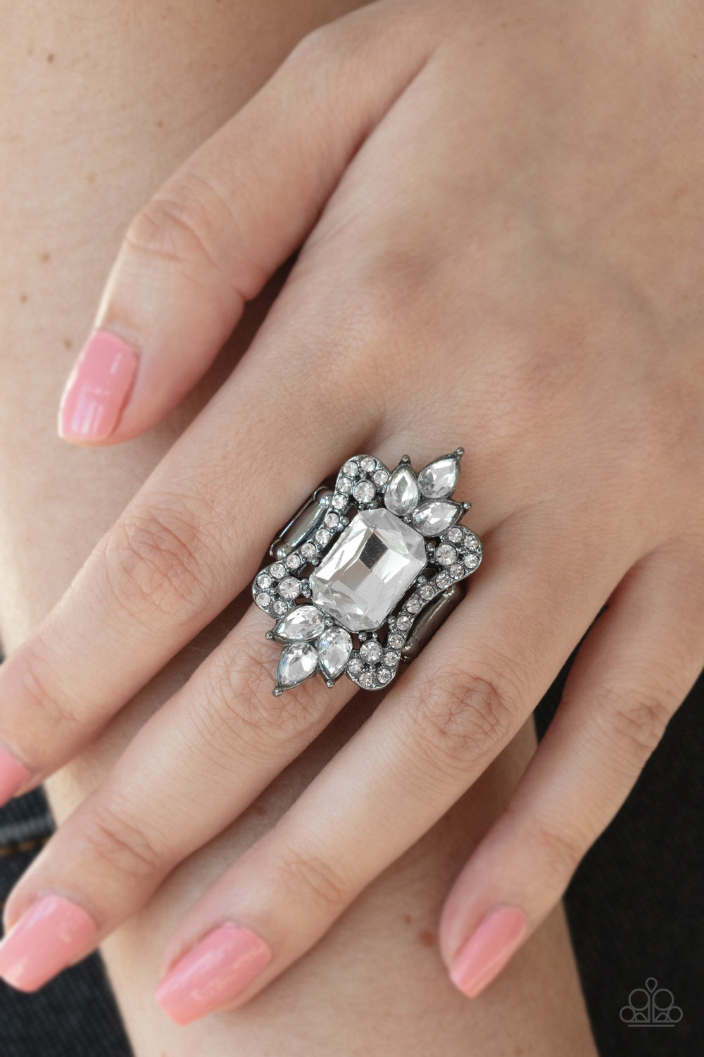 Things That Go Boom! - Black and White Rhinestone Ring - Paparazzi Accessories