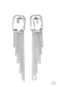 Save for a REIGNy Day - White Rhinestone and Chain Fringe Earrings - Paparazzi Accessories
