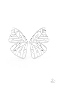 Butterfly Frills - Silver Butterfly Earrings - Paparazzi Accessories