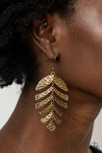 Palm Lagoon - Brass Hammered Leaf Earrings - Paparazzi Accessories