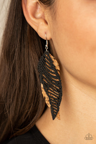 WINGING Off The Hook - Black Leather and Cork Feather Earrings - Paparazzi Accessories