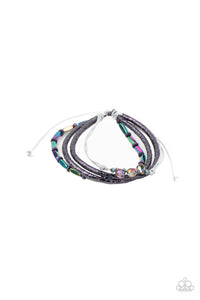 Holographic Hike - Multi "Oil Spill", Iridescent, and Wood Beaded Pull Tie Bracelet - Paparazzi Accessories