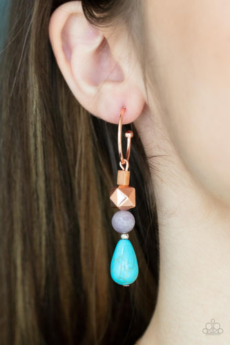 Boulevard Stroll - Copper, Gray, and Turquoise Crackle Stone Hoop Earrings - Paparazzi Accessories