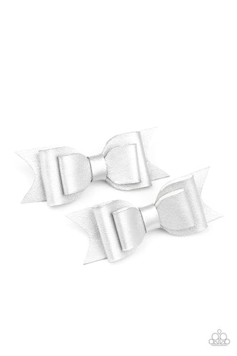 Totally BOWS My Mind! - Silver Leathery Hair Clip Bows - Paparazzi Accessories