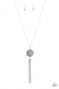 Rhinestone Revolution - White Rhinestone Ball and Fringe Necklace - Paparazzi Accessories 